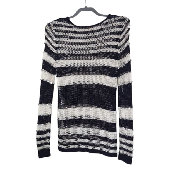 Chico's Striped Nautical Glam Chic Crochet Fisherman Open Knit Sequin Sweater S - Picture 3 of 9